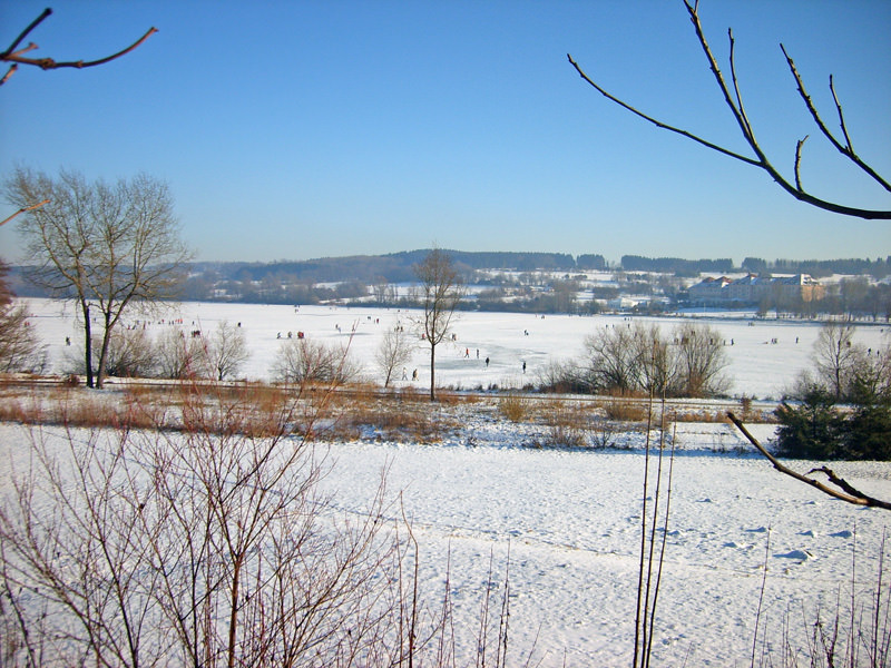 Verschneite Winterlandschaft am Wiesensee mit kahlen Bäumen, Menschen auf dem zugefrorenen See und Hügeln im Hintergrund