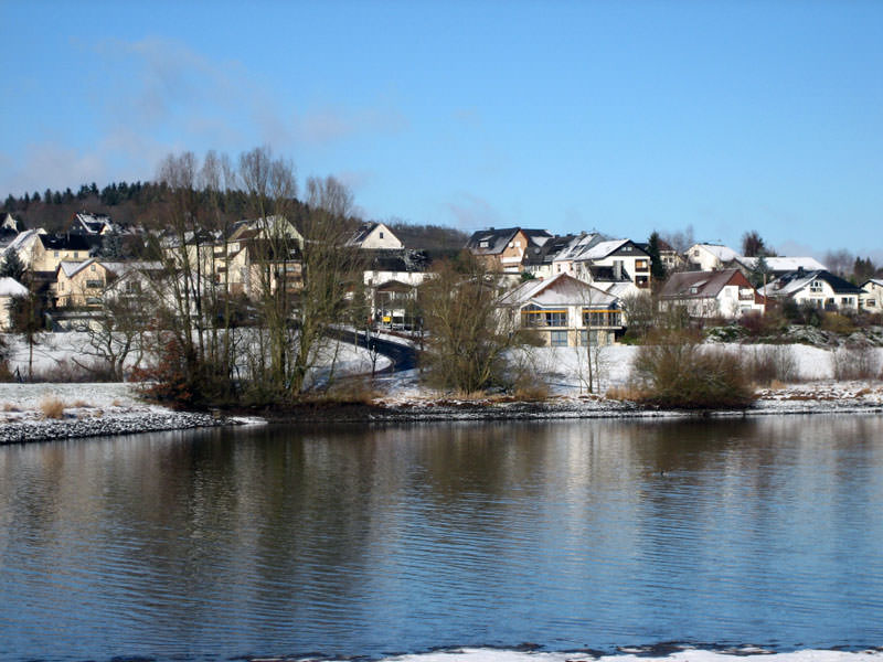 Winterliche Ansicht von Stahlhofen am Wiesensee mit verschneiten Häusern am Ufer und kahlen Bäumen im Vordergrund
